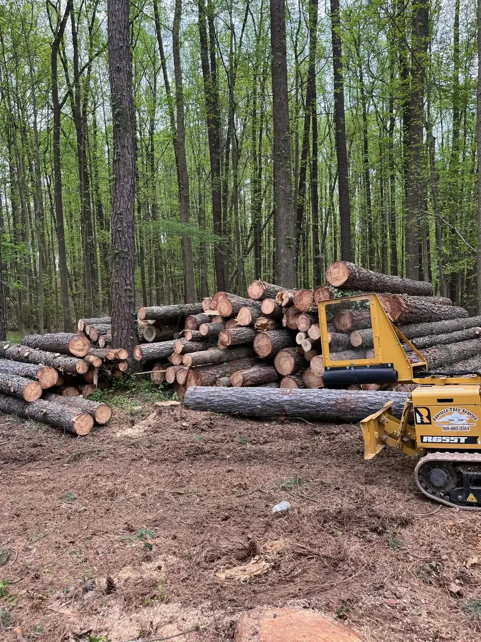Log pile and loader during a lot clearing job