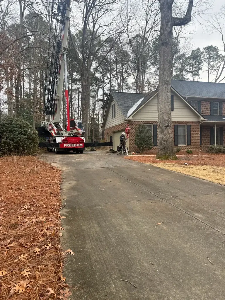 Fonvilletreeservice crane positioned in residential driveway for large tree removal operation at wooded property in NC