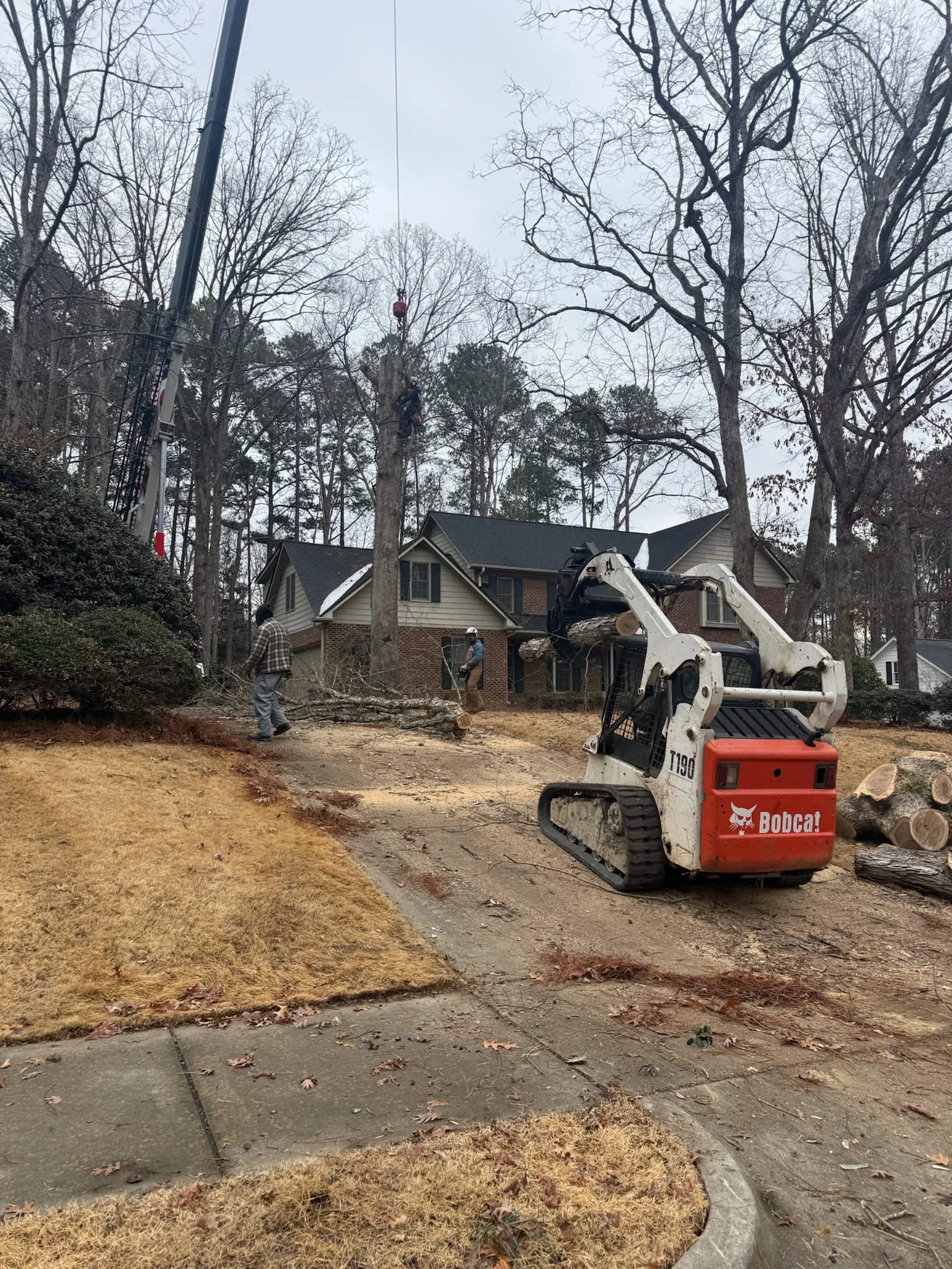 Fonvilletreeservice crew performing crane-assisted tree removal with Bobcat T190 loader at residential property in NC