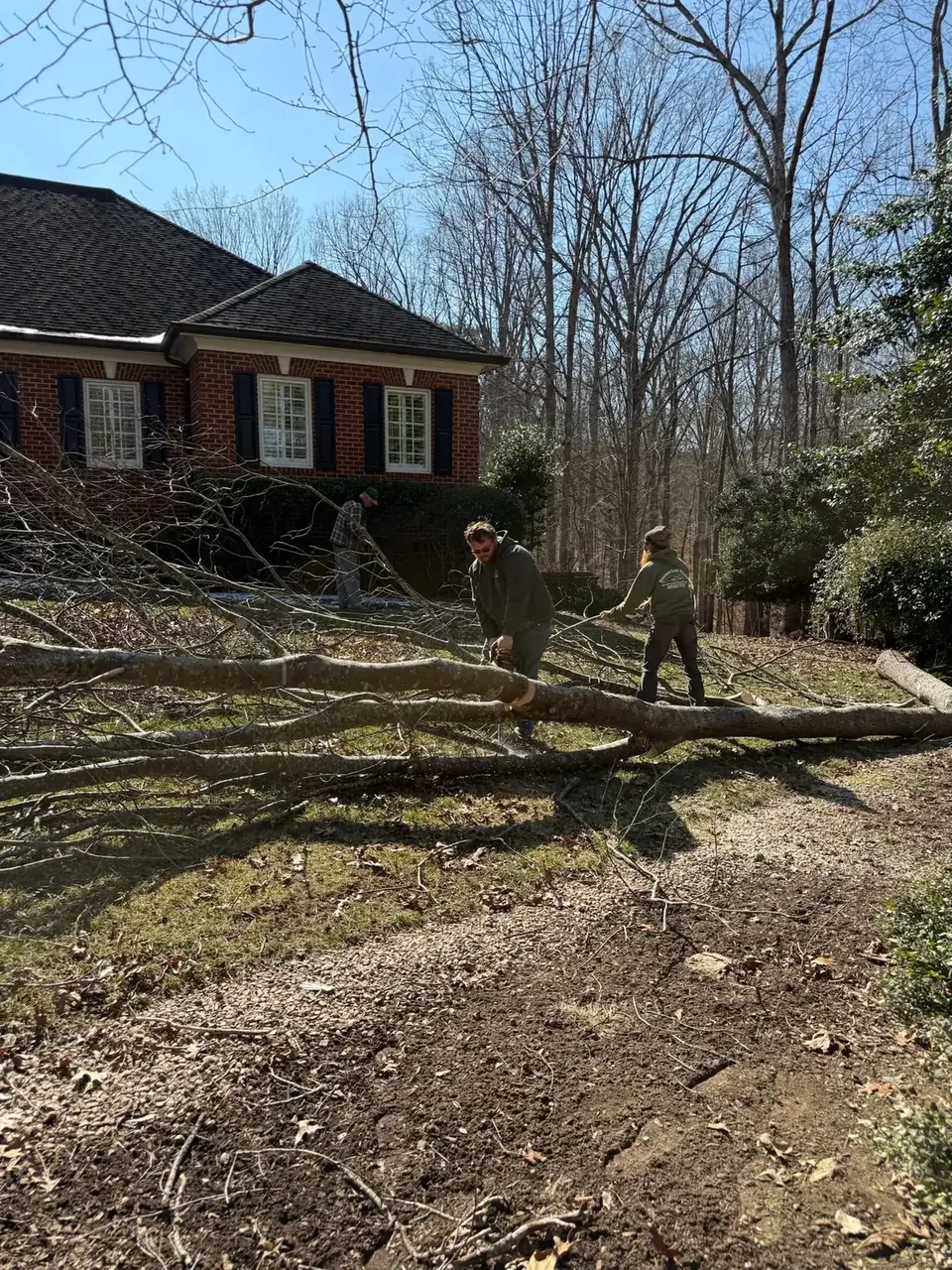 Storm debris cleanup underway at a brick home