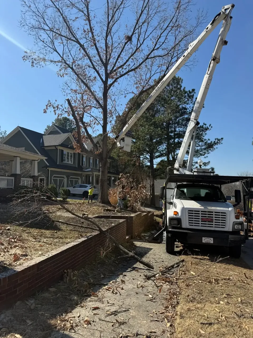 Bucket truck set up for tree trimming work